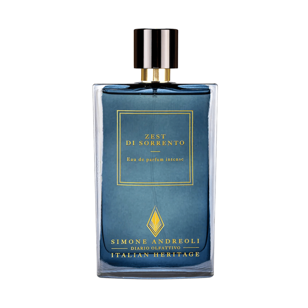 Blue perfume bottle with gold accents on a transparent background