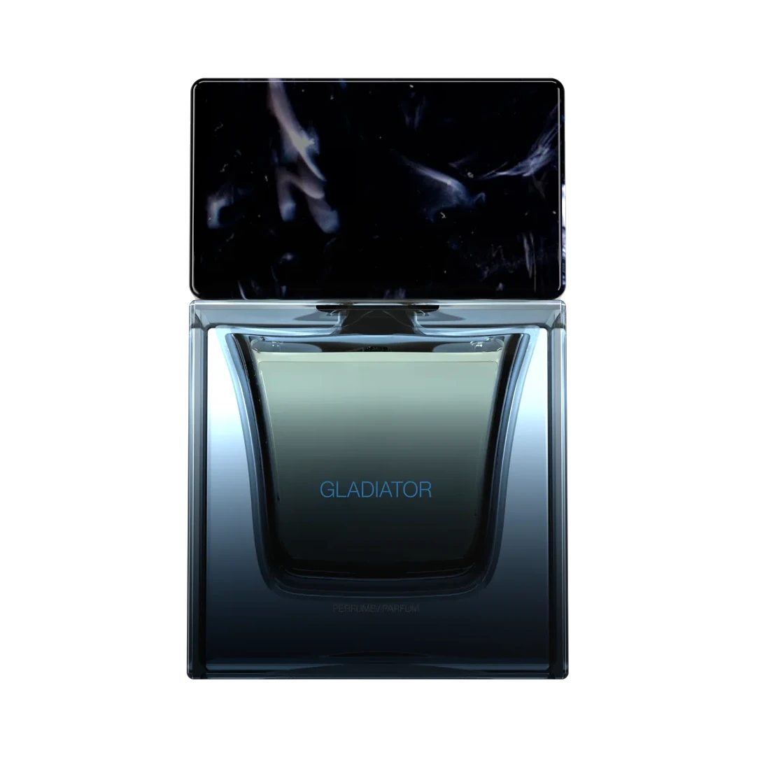 A rectangular perfume bottle labeled 'GLADIATOR' in blue text, shown front-facing on a plain white background. The bottle has a dark smoky blue-to-black gradient body with a glossy black top section and a subtle reflective finish.