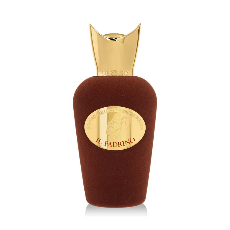 A bottle of SOSPIRO Il Padrino Eau de Parfum with a dark amber liquid visible and a gold-colored cap.