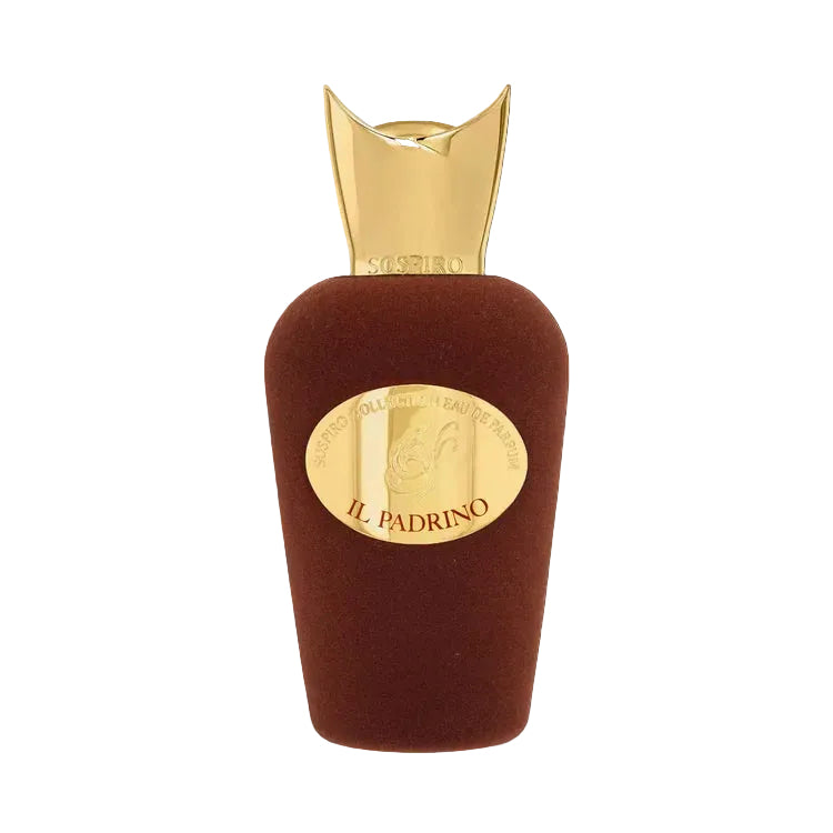 A bottle of SOSPIRO Il Padrino Eau de Parfum with a dark amber liquid visible and a gold-colored cap.