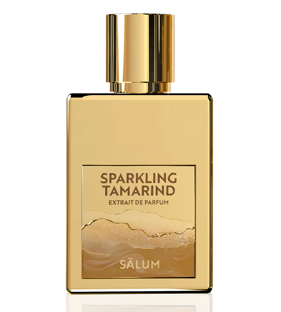 Gold perfume bottle labeled 'Sparkling Tamarind' by Salum on a white background