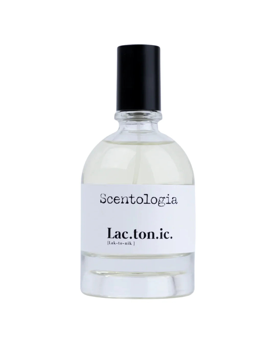 A clear glass bottle of Scentologia Lac.to.nic. Eau de Parfum with a black cap and white label.