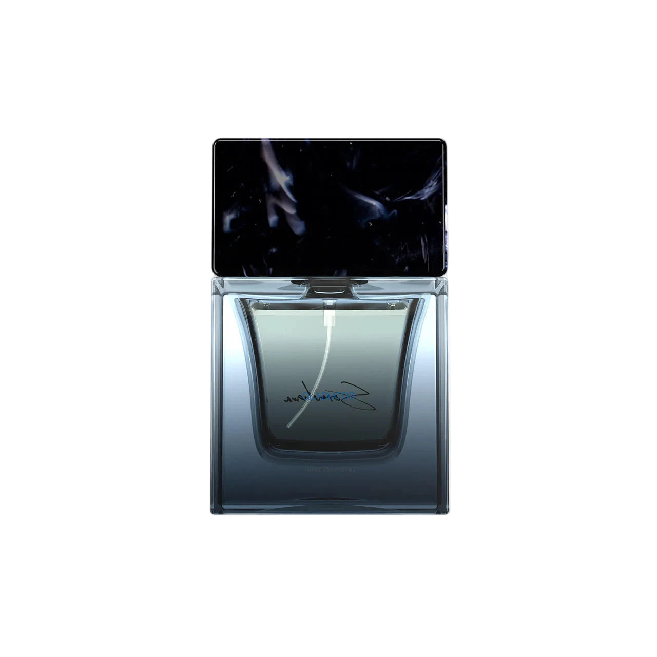 Perfume bottle with black and silver design on a white background