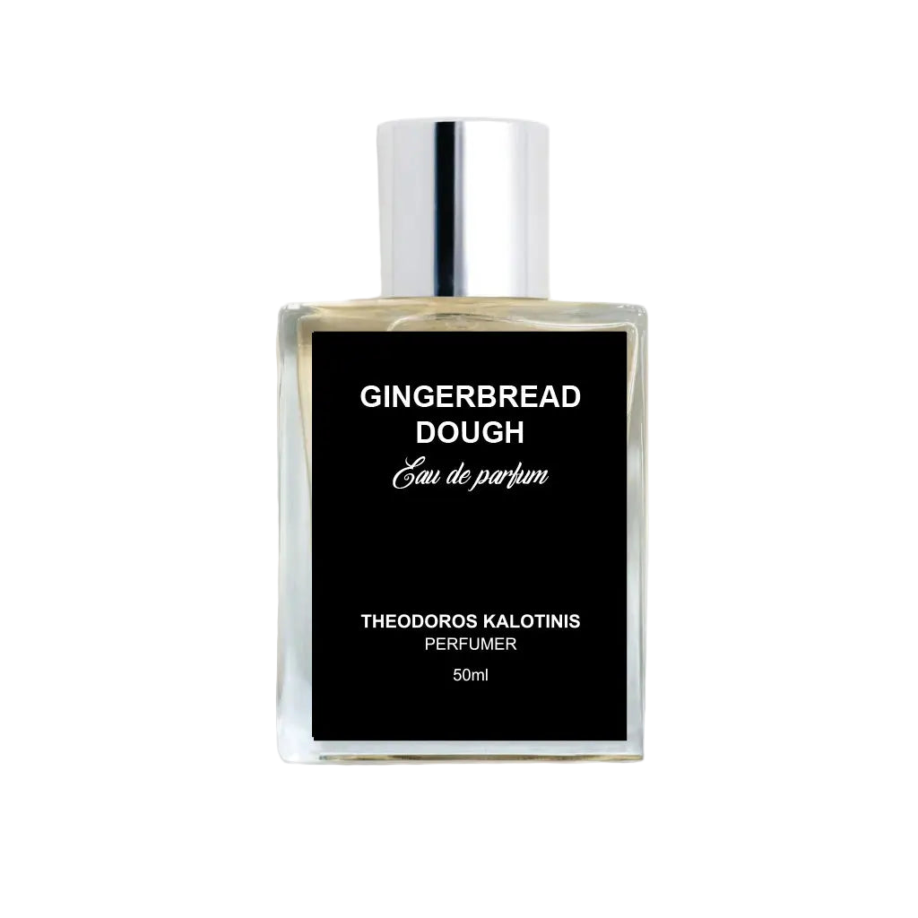 Perfume bottle labeled 'Gingerbread Dough' by Theodorus Kalotinis on a white background