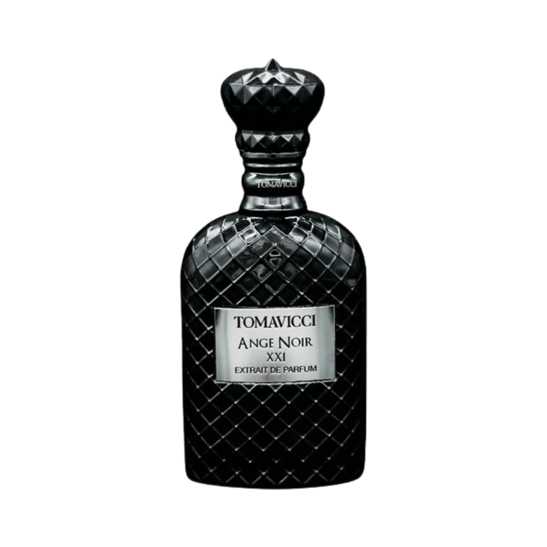 Black quilted perfume bottle with 'Tomavicci Ange Noir XXI' label on a transparent background