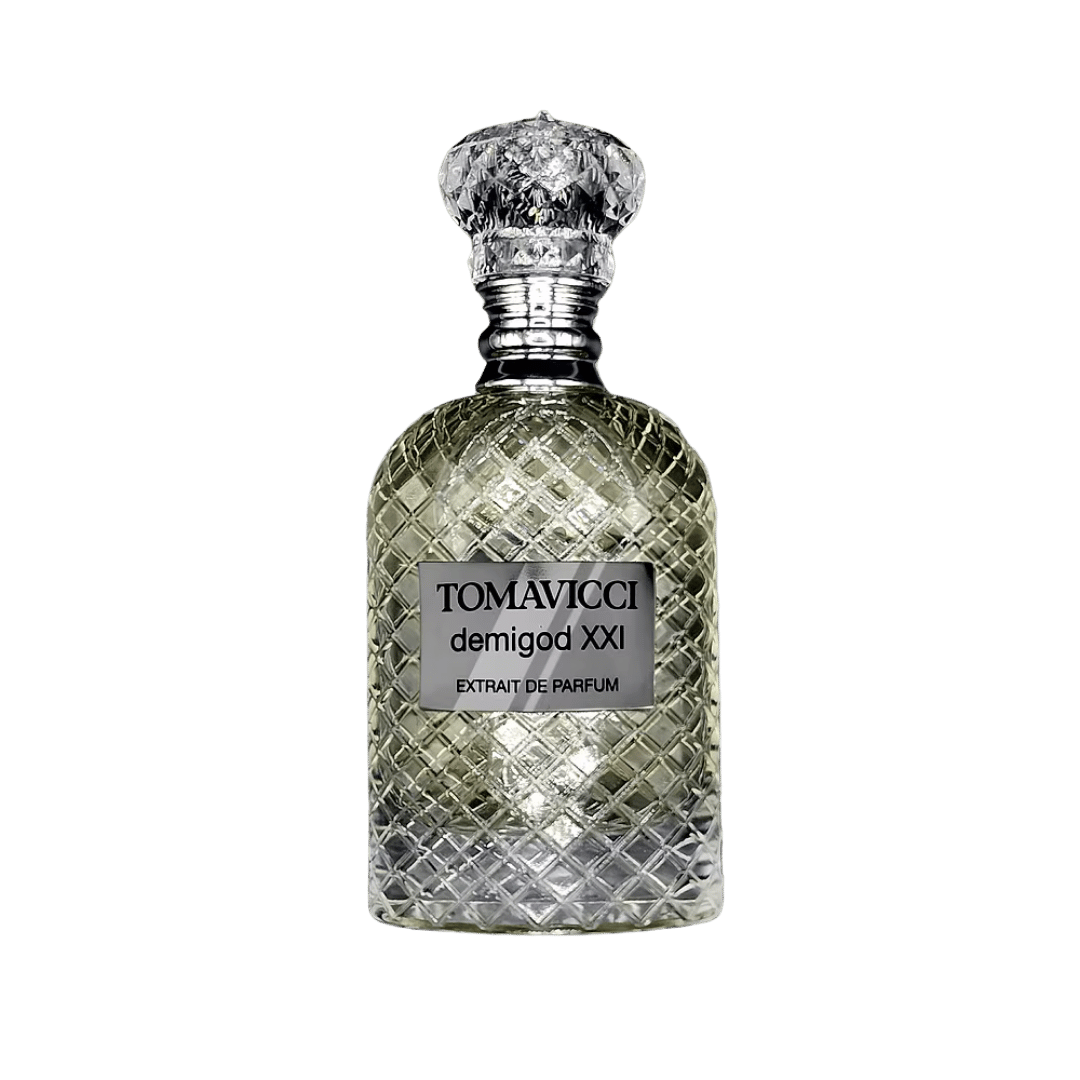 Decorative perfume bottle with 'Tomavicci' label on a green background