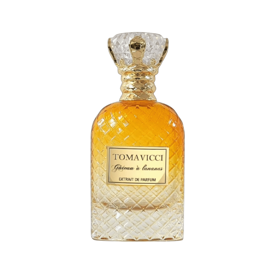 Tomavicci perfume bottle with decorative cap on a green background