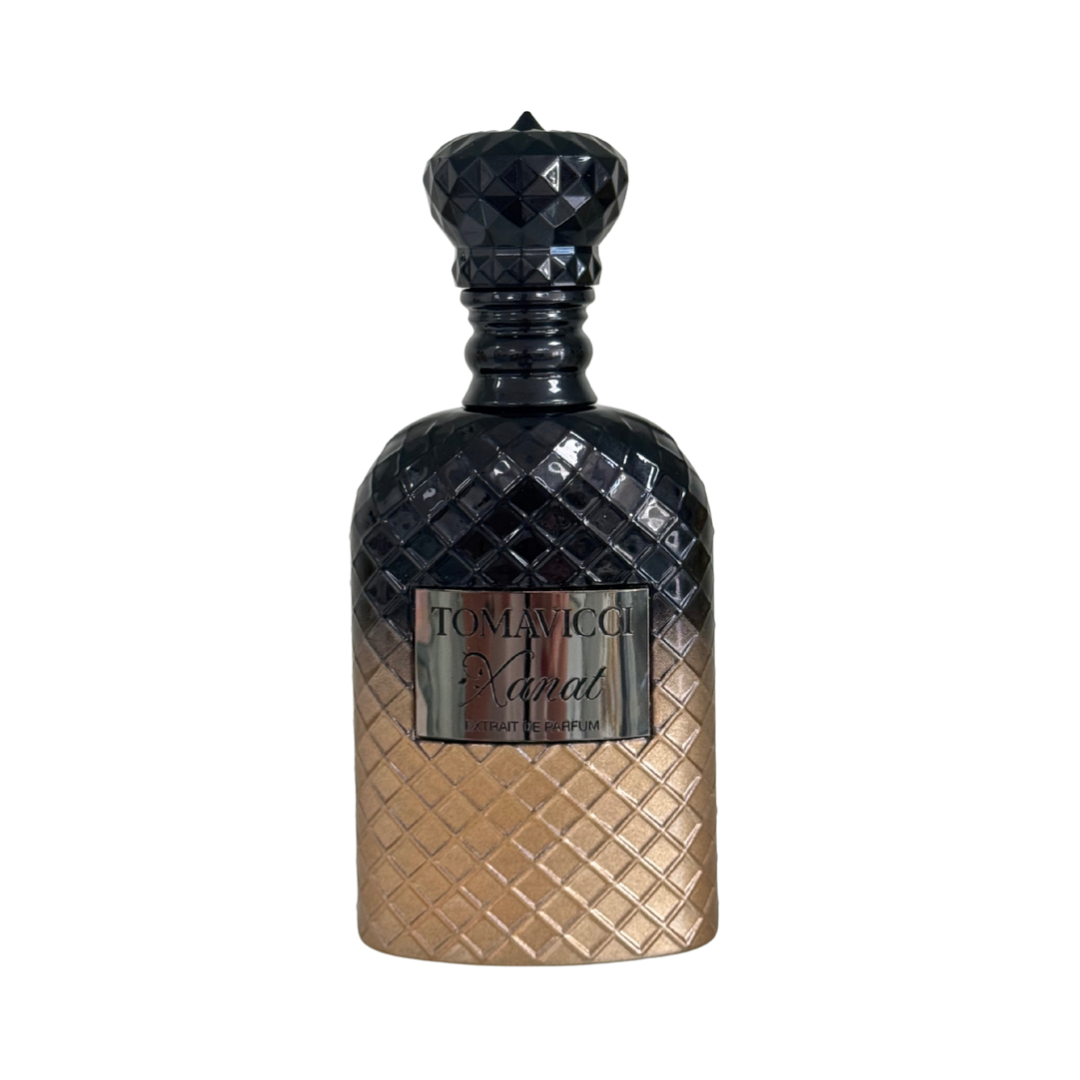 Tomavicci xanat Perfume bottle with black and gold design on a white background