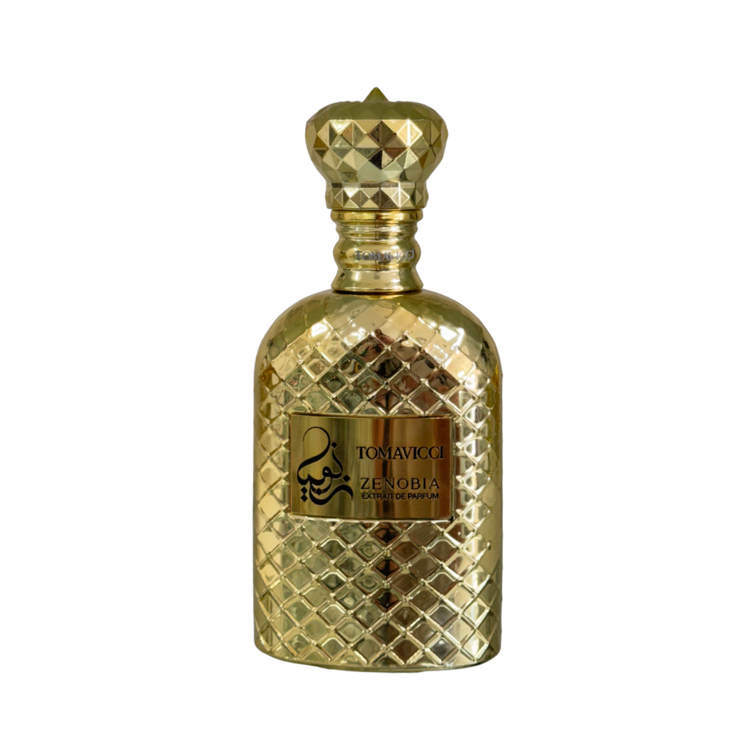 Gold perfume bottle with intricate design on a white background