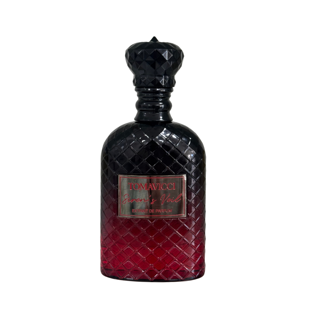 Black and red quilted perfume bottle with decorative cap on a white background