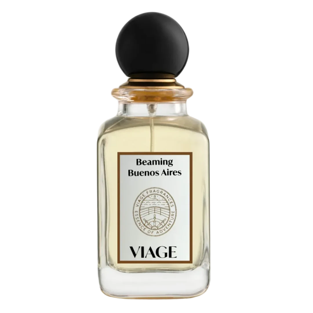 Perfume bottle labeled 'Beaming Buenos Aires' by 'Viage' on a white background