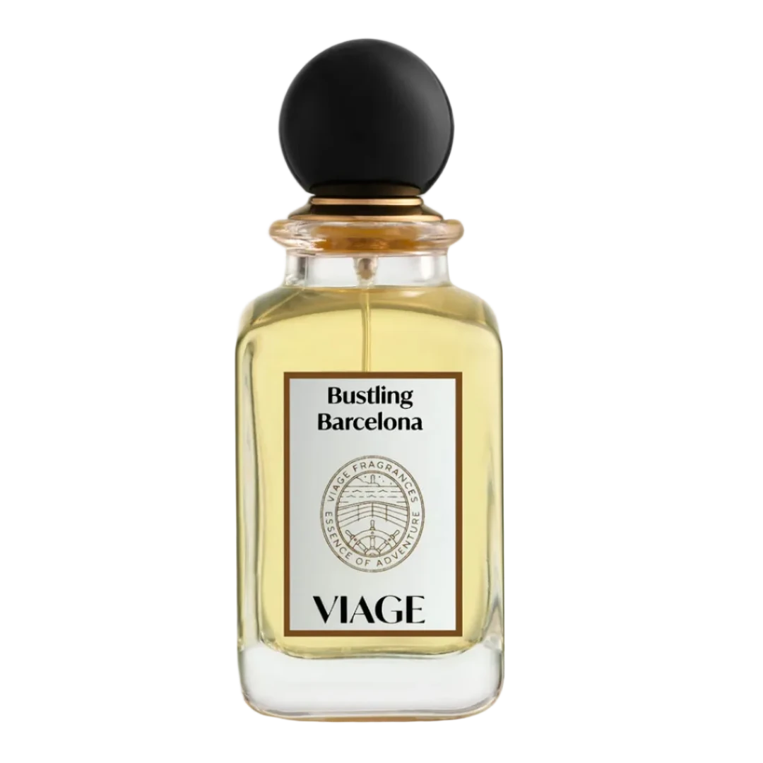 Perfume bottle labeled 'Bustling Barcelona' by 'VIAGE' on a white background