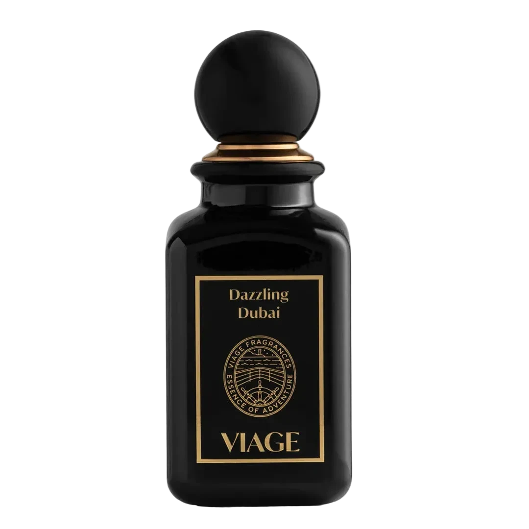 Black perfume bottle with gold accents on a white background