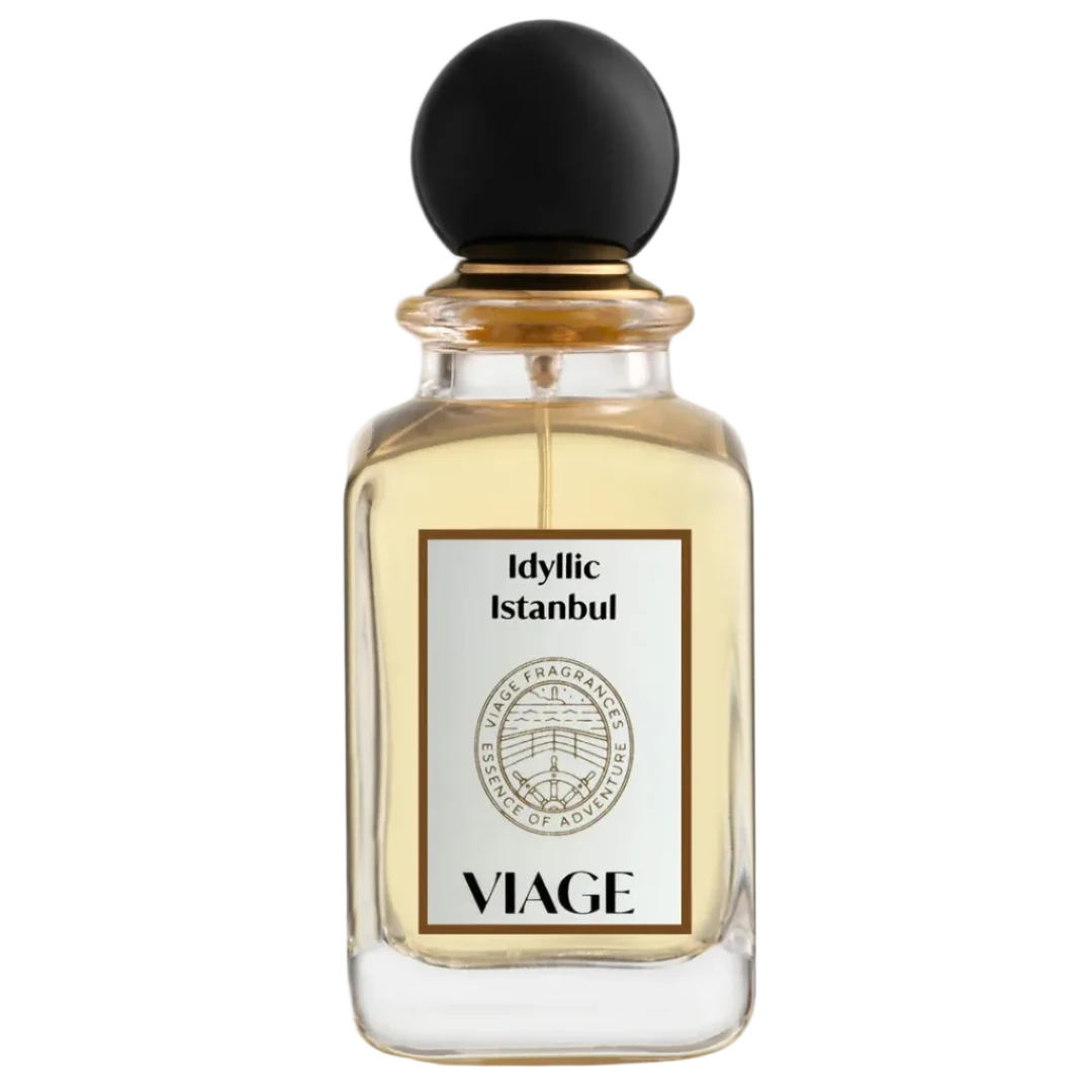 Perfume bottle labeled 'Idyllic Istanbul' by Viage on a white background