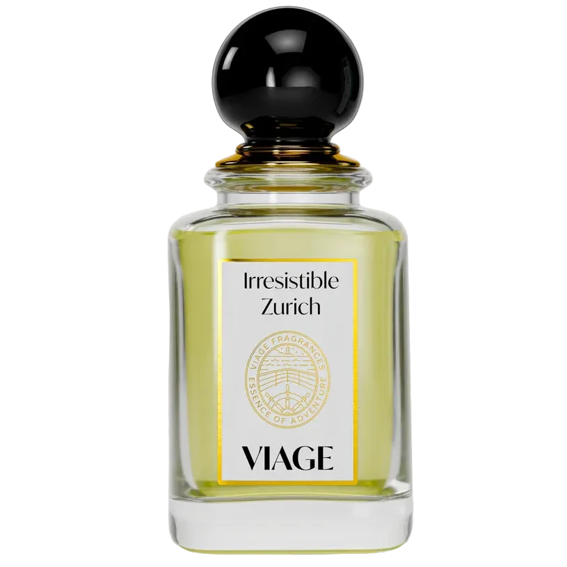 Perfume bottle labeled 'Irresistible Zurich' by 'VIAGE' on a white background
