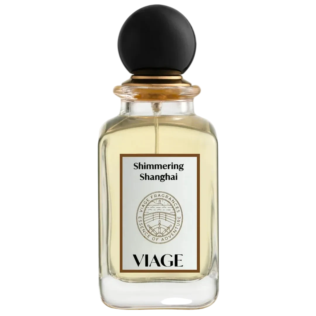 Perfume bottle labeled 'Shimmering Shanghai' by Viage on a white background