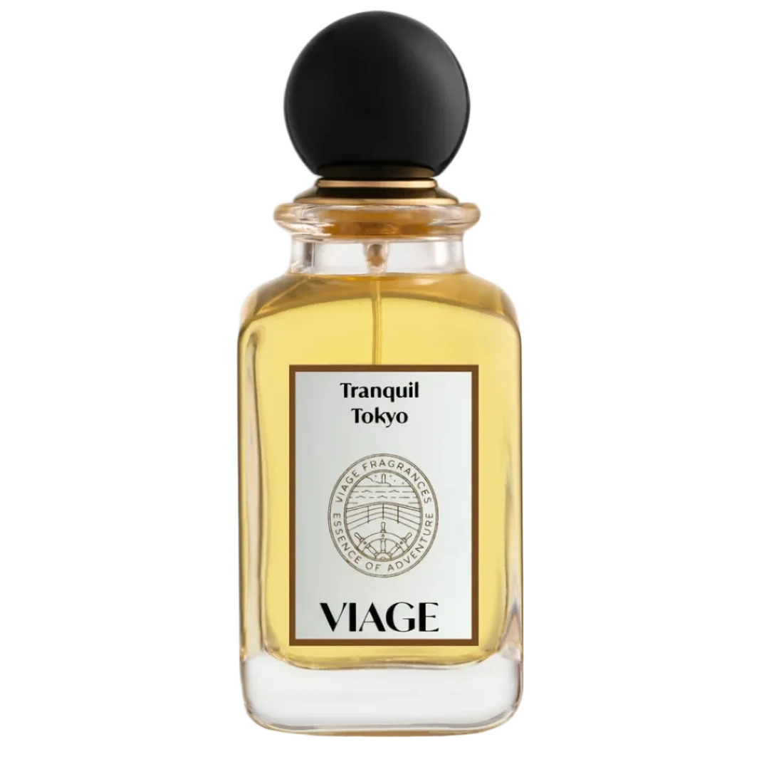Perfume bottle labeled 'Tranquil Tokyo' by 'Viage' on a white background