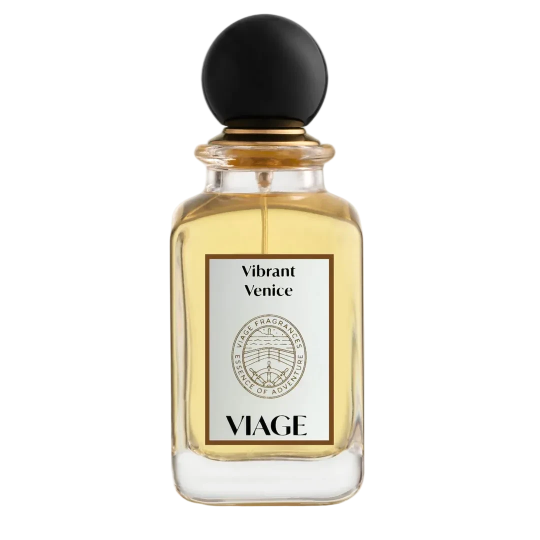 Perfume bottle labeled 'Vibrant Venice' by 'VIAGE' on a white background