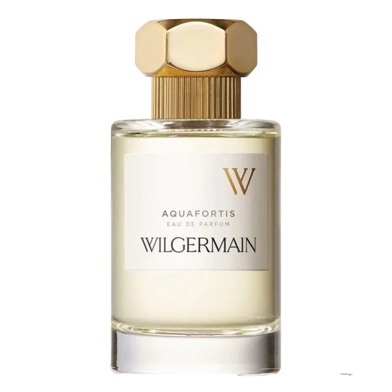 Wilgermain Aquafortis Eau de Parfum bottle with gold cap on a white background