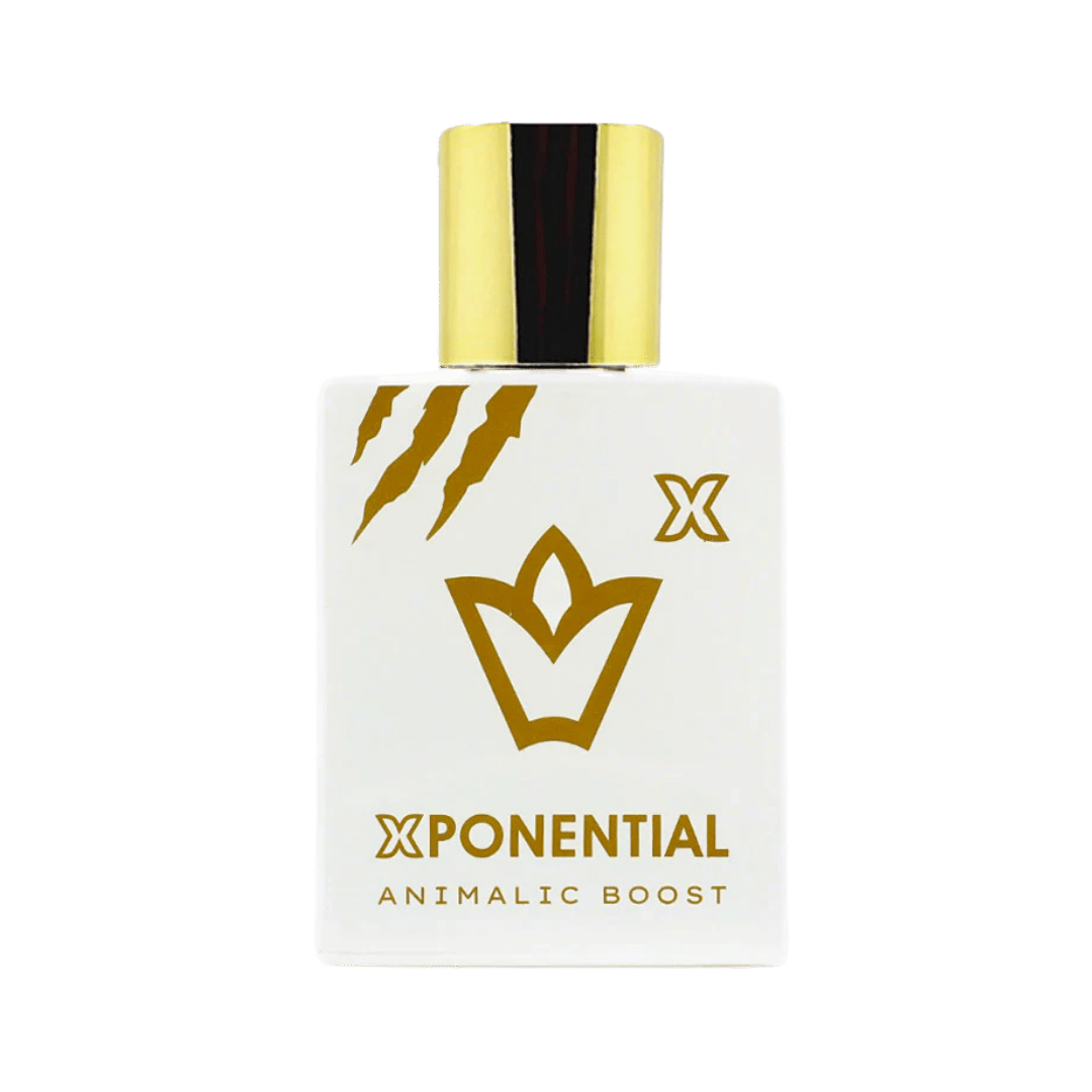 White bottle with gold cap and 'Xponential' branding on a green background