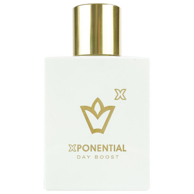 White bottle with gold cap and 'Xponential' logo on a white background