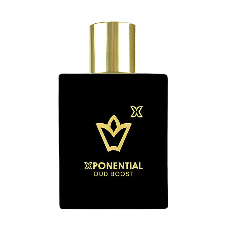 A black bottle with a gold cap labeled 'Xponential Oud Boost', indicating it is a fragrance enhancer.