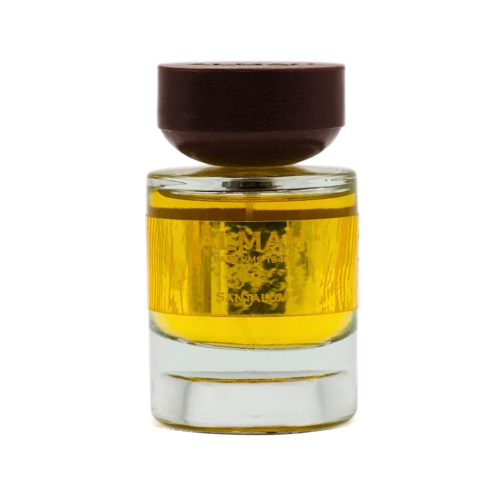 Perfume bottle with brown cap and yellow liquid on a white background
