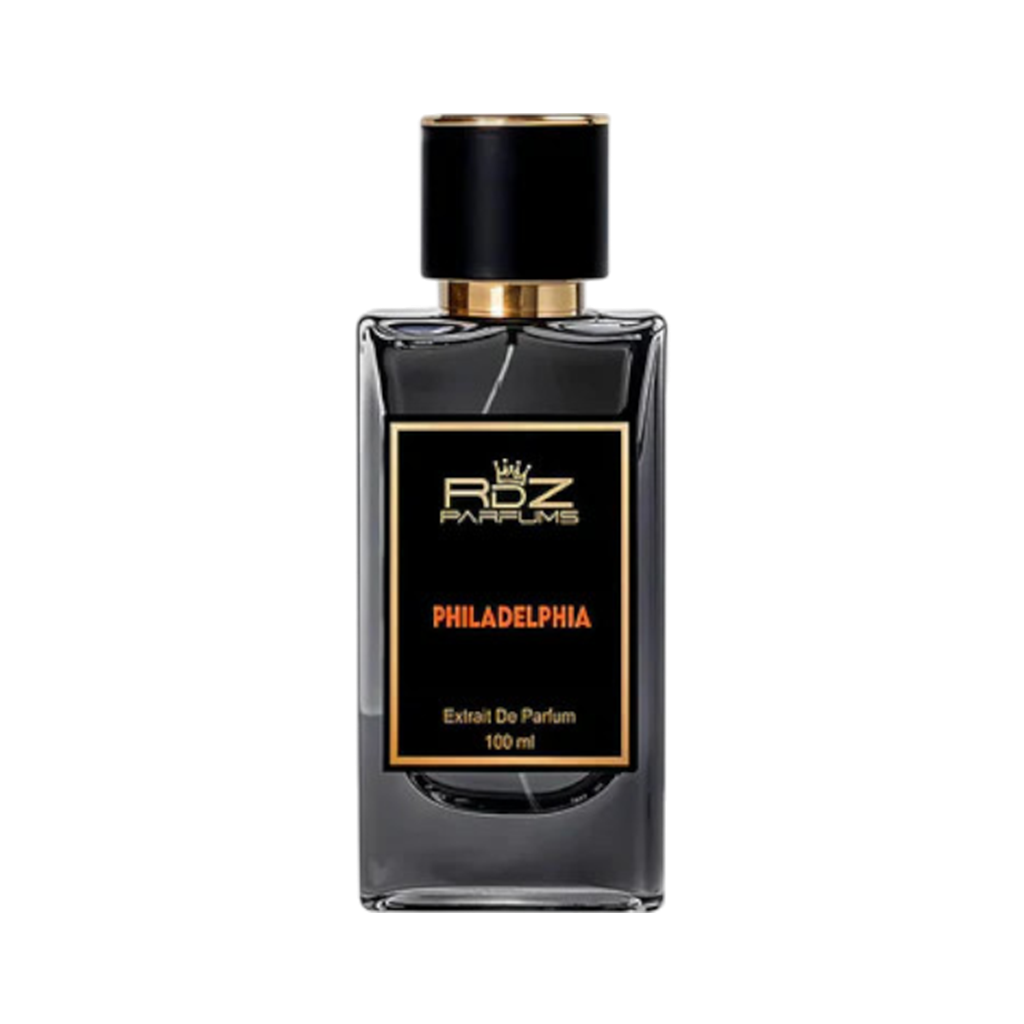 A black bottle of RDZ Parfums Philadelphia Extrait de Parfum with a gold label and cap, showcasing the fragrance's name and volume.