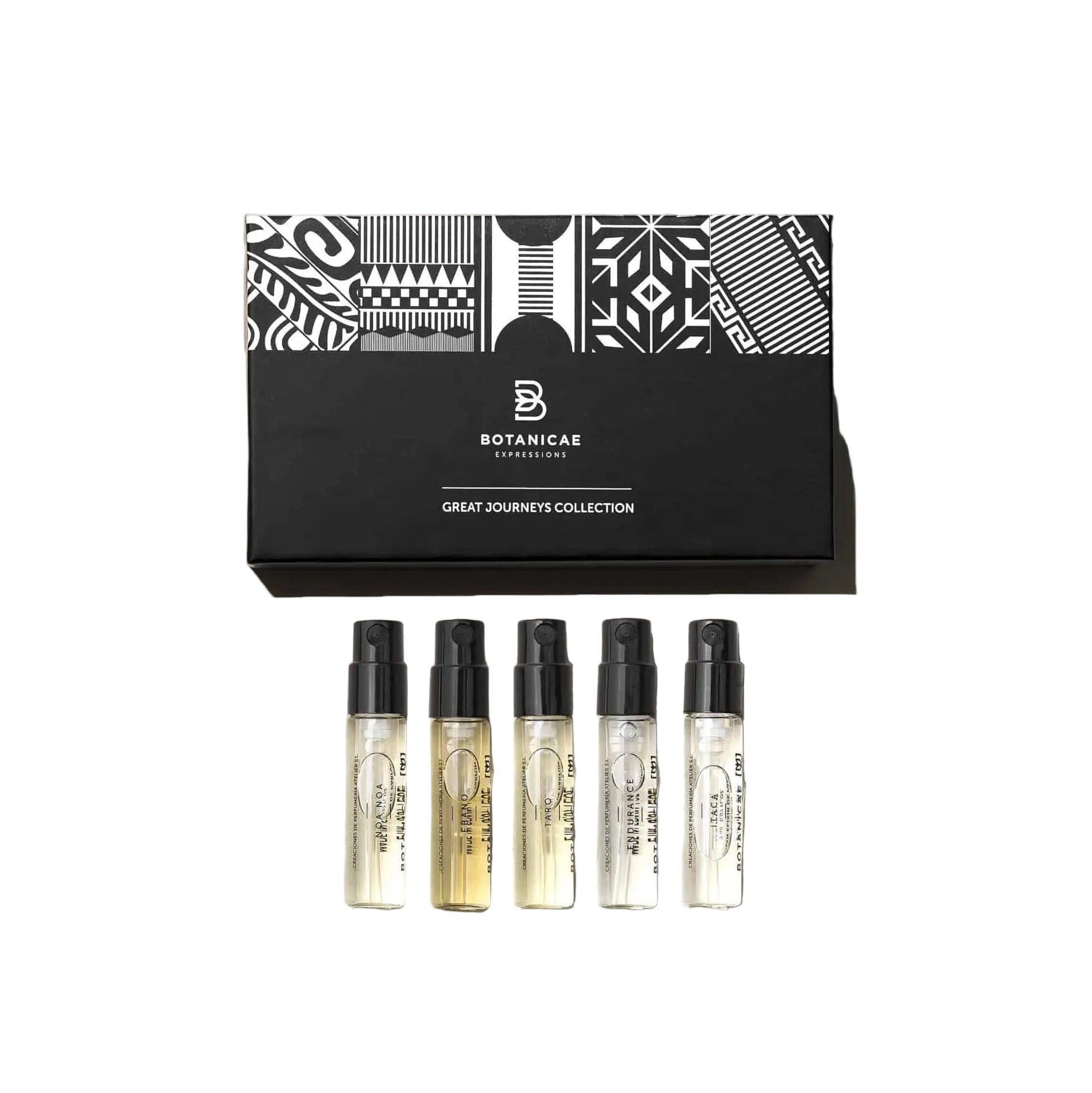A collection of five 2ml perfume vials from Botanicae, displayed in front of a box with a black and white decorative pattern.