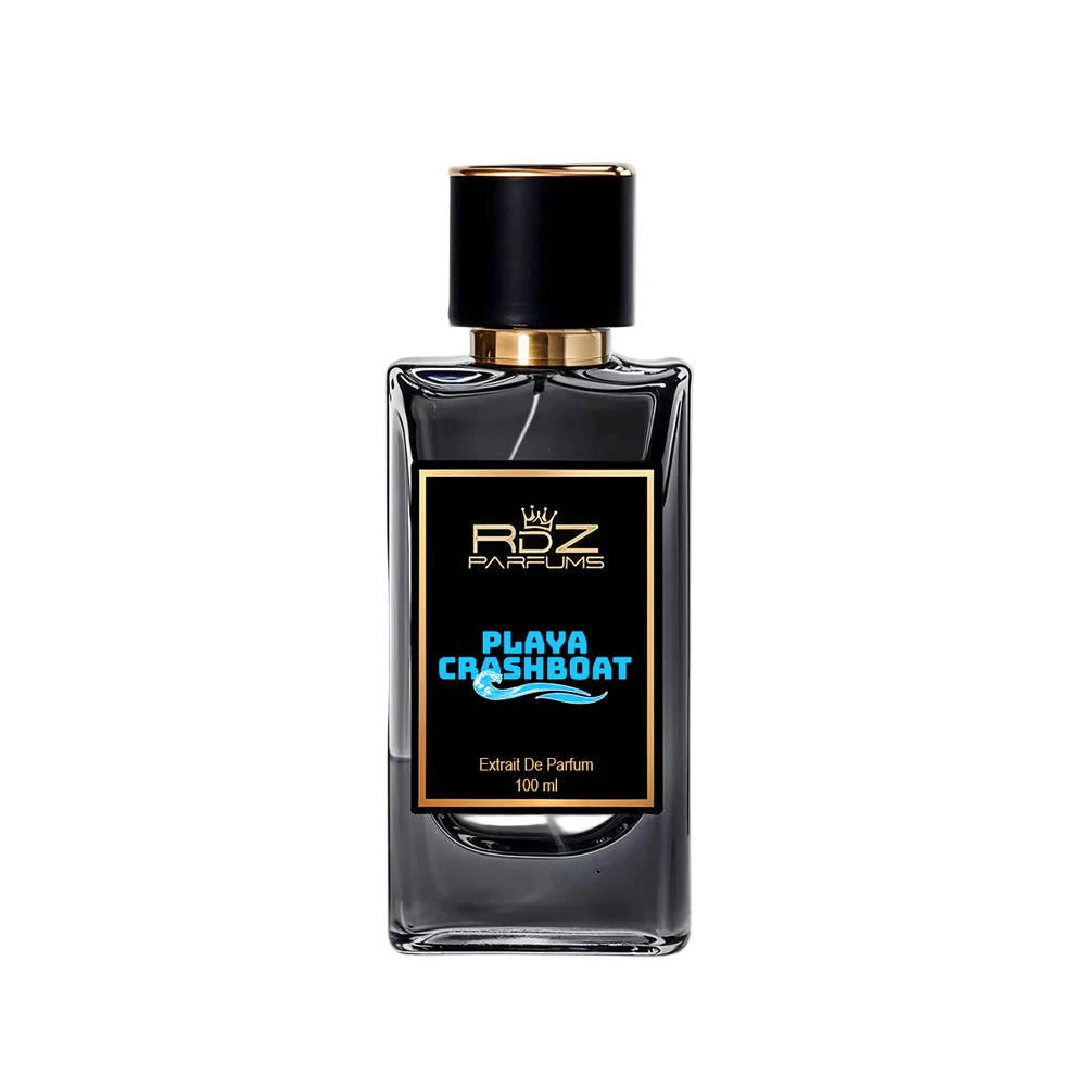 A bottle of RDZ Playa Crash Boat Extrait de Parfum with a black label and gold accents on the cap, displayed against a white background.