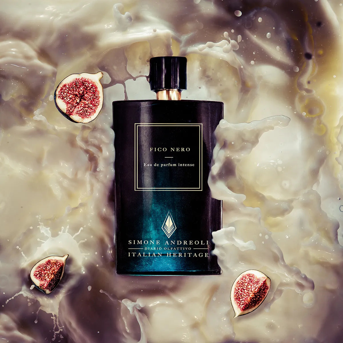 Perfume bottle with figs on a textured background