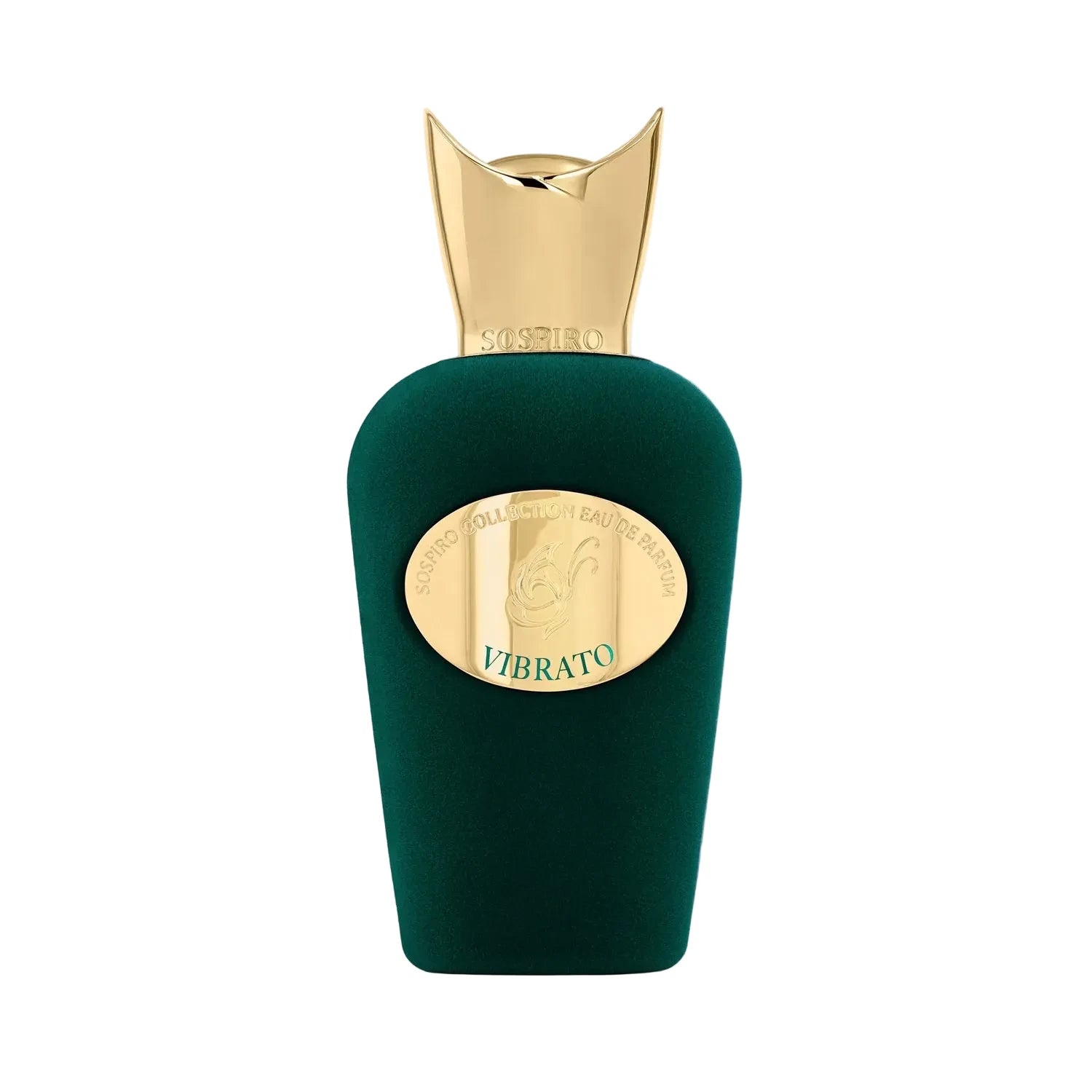 A green bottle of SOSPIRO Vibrato Eau de Parfum with a gold-colored cap and label.