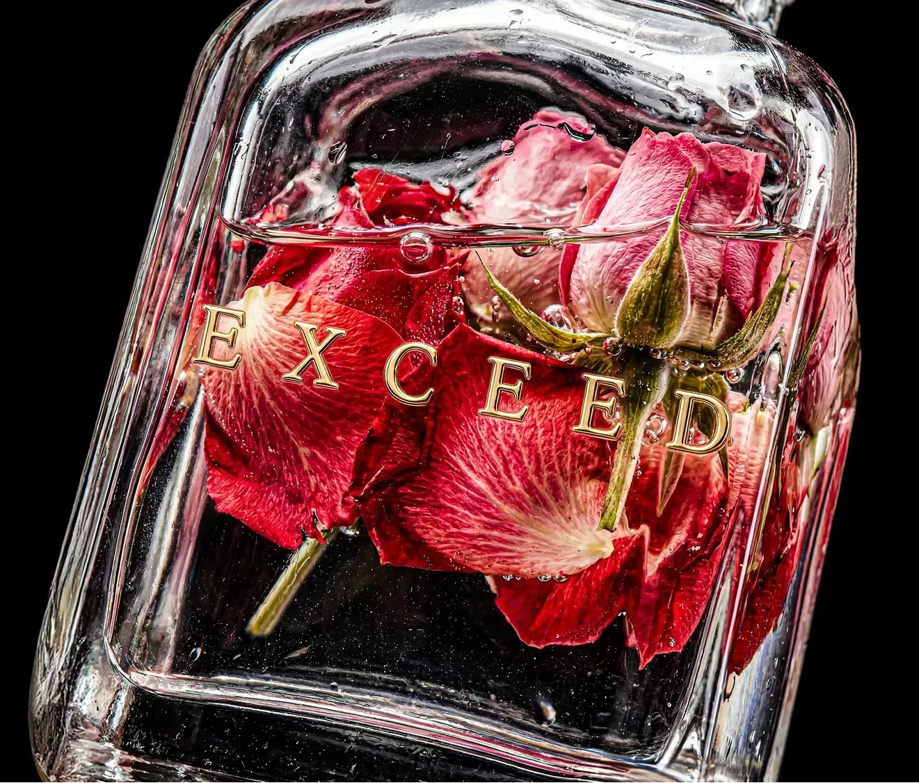 Perfume bottle with red flowers and 'Exceed' branding on a black background
