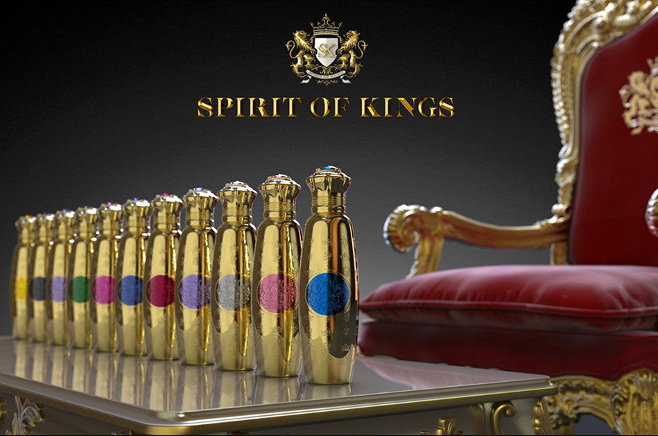 Gold bottles with colored caps on a table next to an ornate red and gold chair, with 'Spirit of Kings' branding.